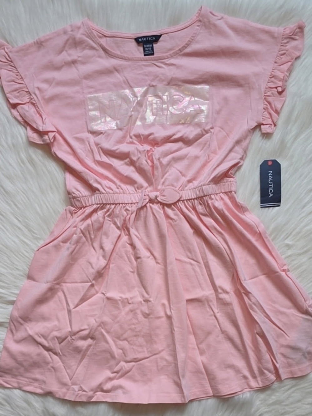 Nautica Girls Light Pink Tie-Waist Casual Dress with Shiny Logo